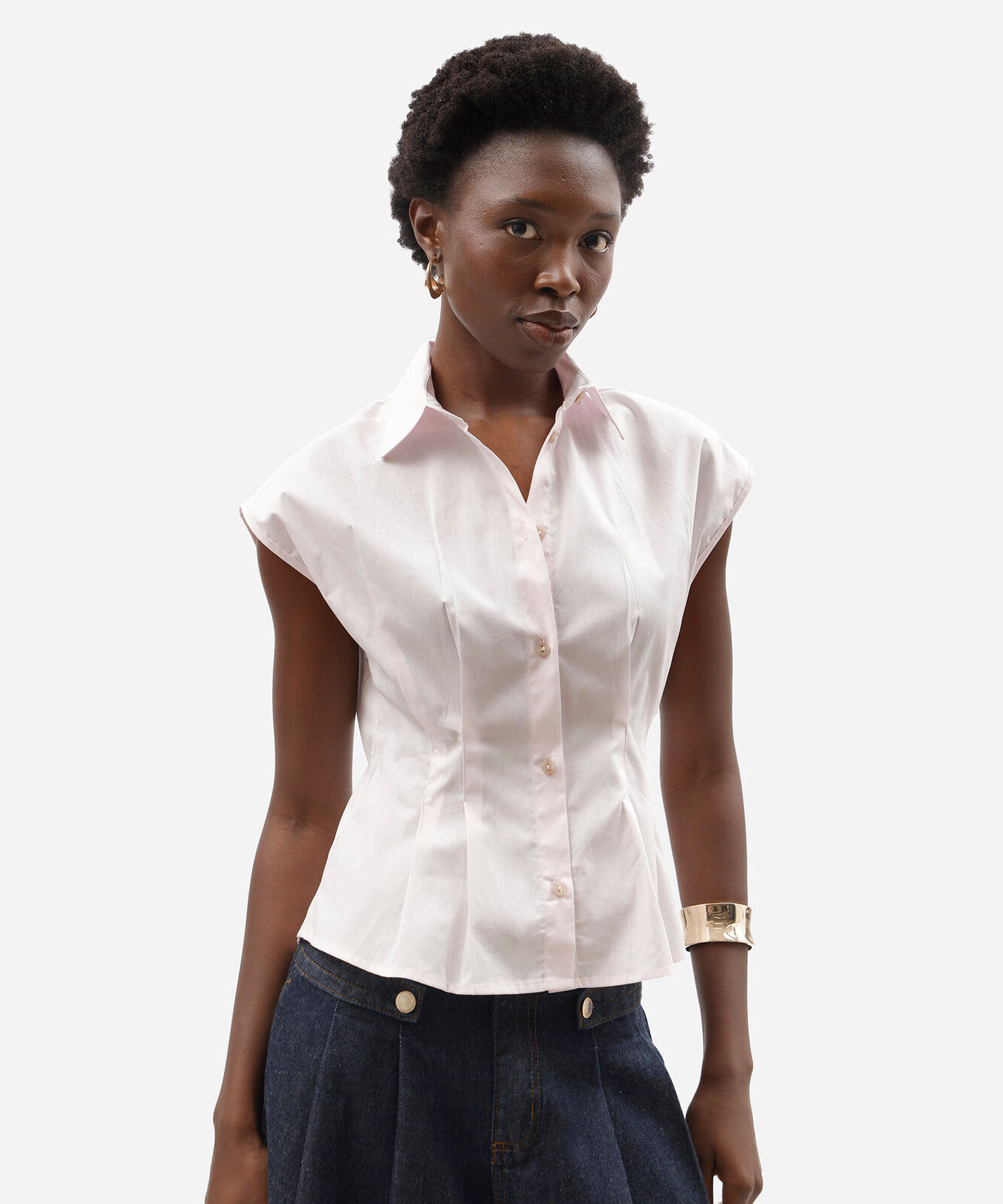 camisa feminina de algodão manga curta com pregas rosa