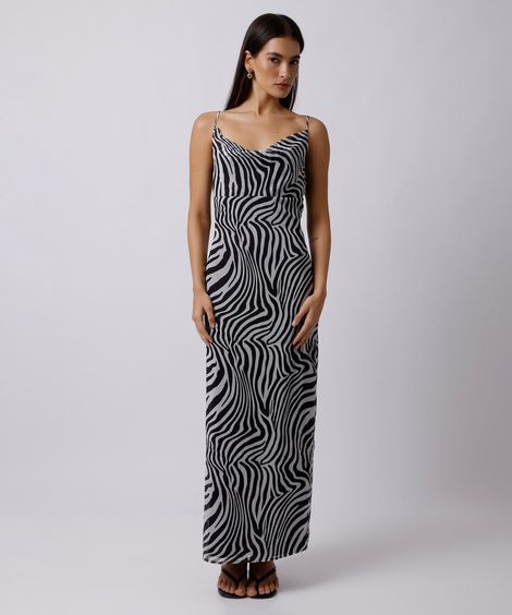 vestido longo feminino alça fina animal print mindset preto