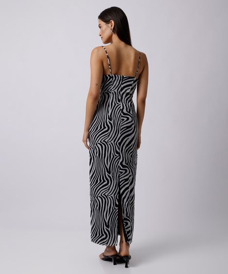 vestido longo feminino alça fina animal print mindset preto