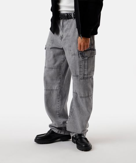 calça skater cargo masculina jeans cinza