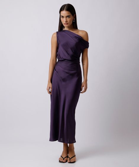 vestido midi feminino com pregas acetinado mindset roxo