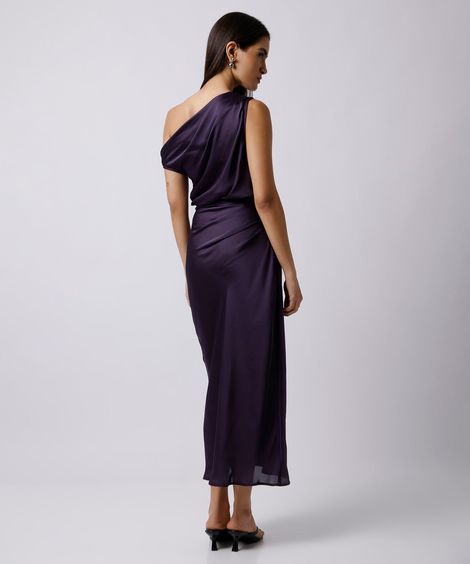 vestido midi feminino com pregas acetinado mindset roxo