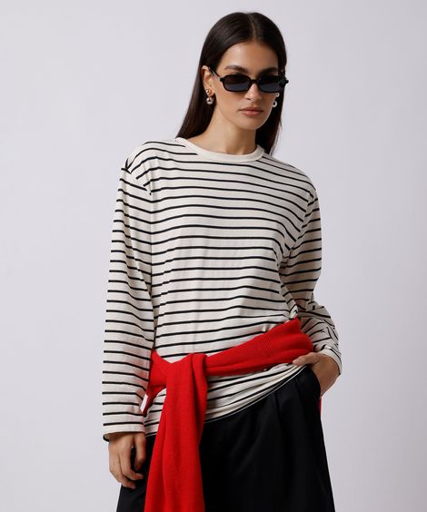 camiseta feminina de algodão manga longa listrada mindset off white