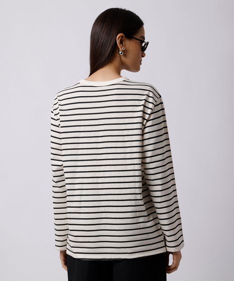 camiseta feminina de algodão manga longa listrada mindset off white