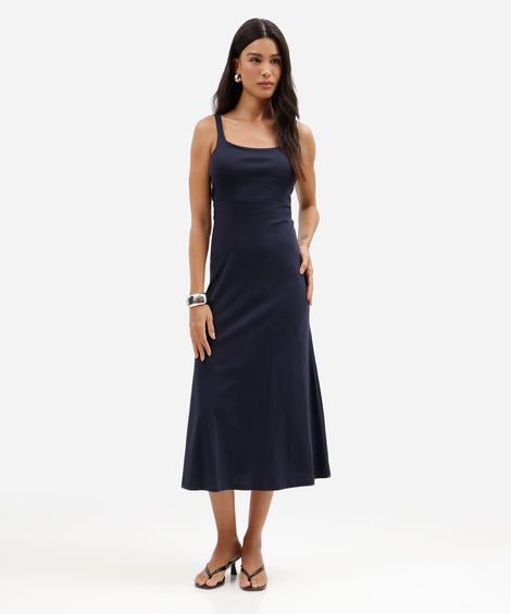 vestido midi feminino decote quadrado canelado básico azul