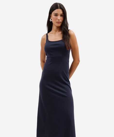 vestido midi feminino decote quadrado canelado básico azul