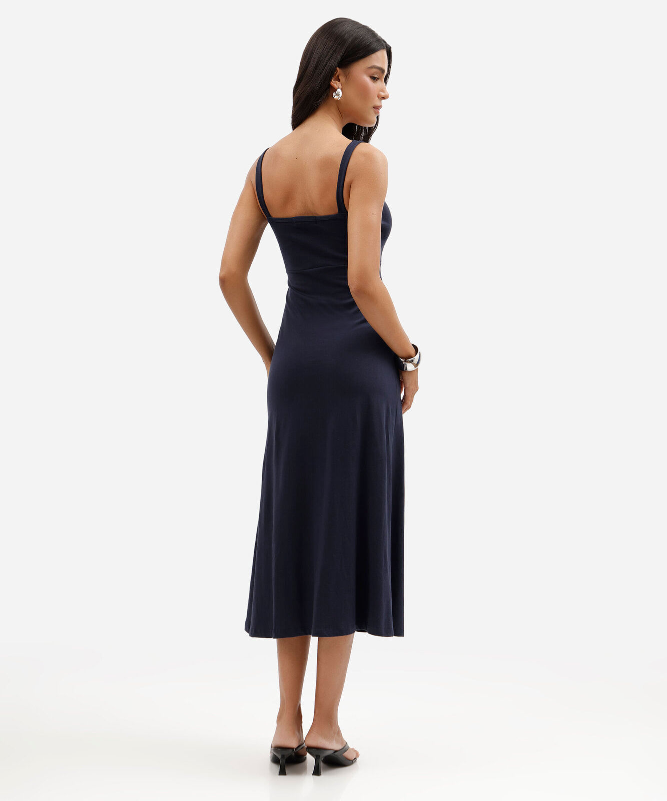 vestido midi feminino decote quadrado canelado básico azul