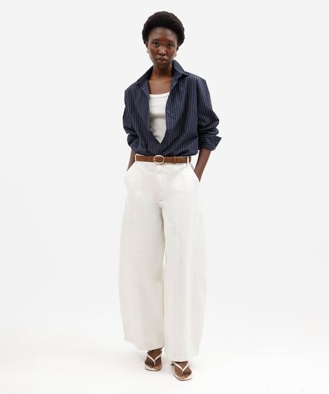 calça balloon feminina de sarja com recortes cintura média  off white