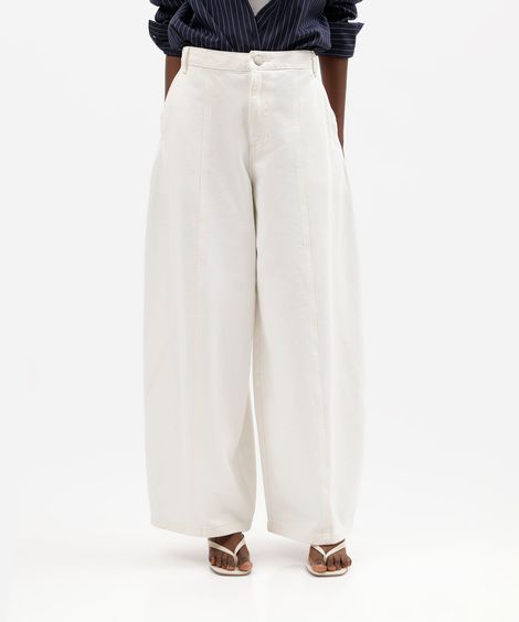 calça balloon feminina de sarja com recortes cintura média  off white
