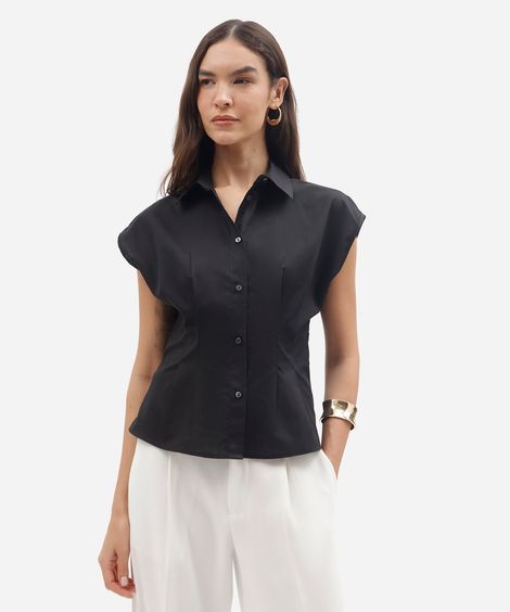 camisa feminina de algodão manga curta com pregas preta