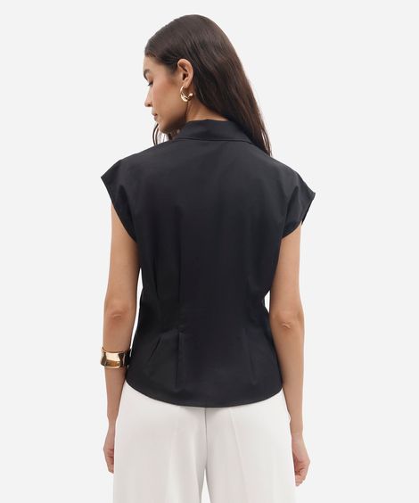 camisa feminina de algodão manga curta com pregas preta