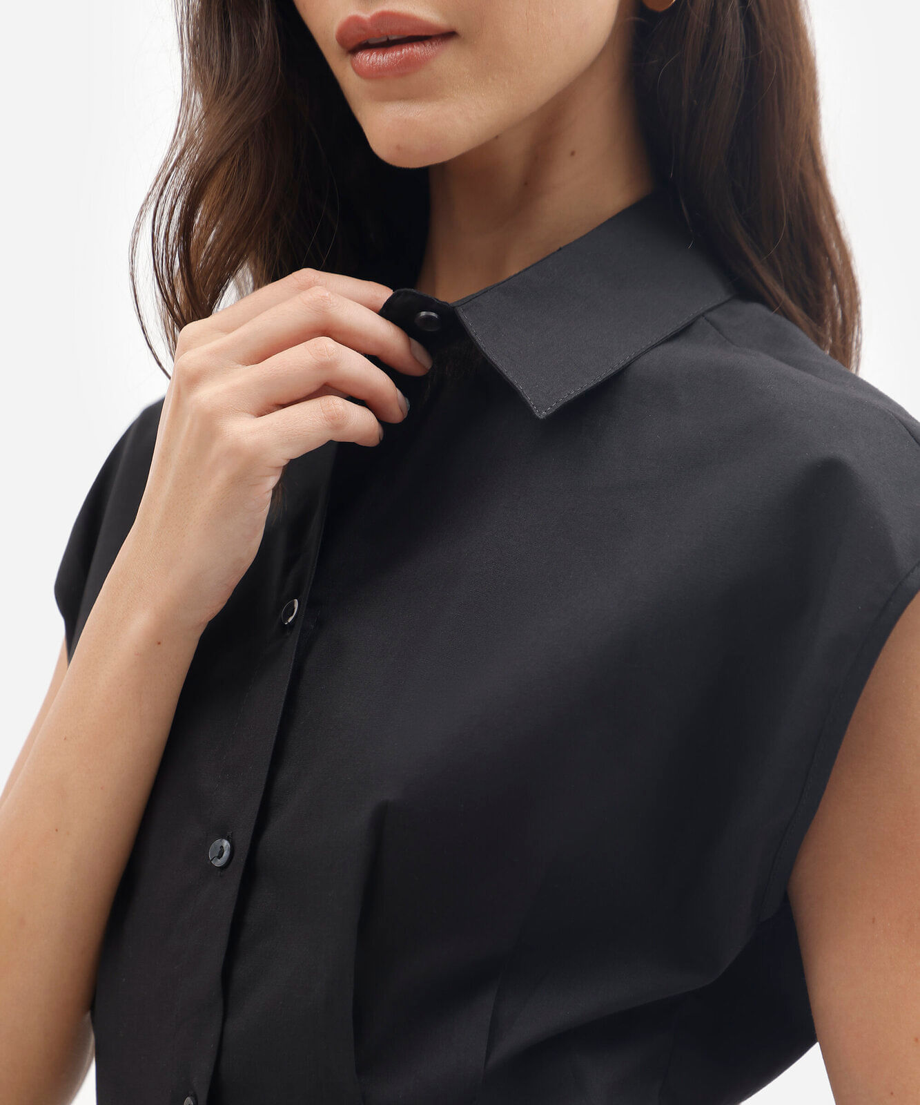 camisa feminina de algodão manga curta com pregas preta