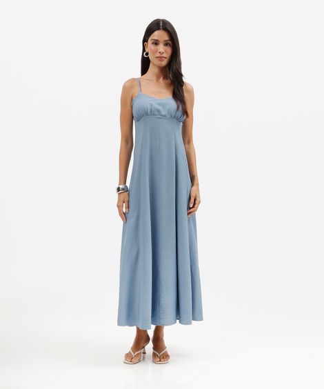 vestido longo feminino com viscose alça fina decote coração azul