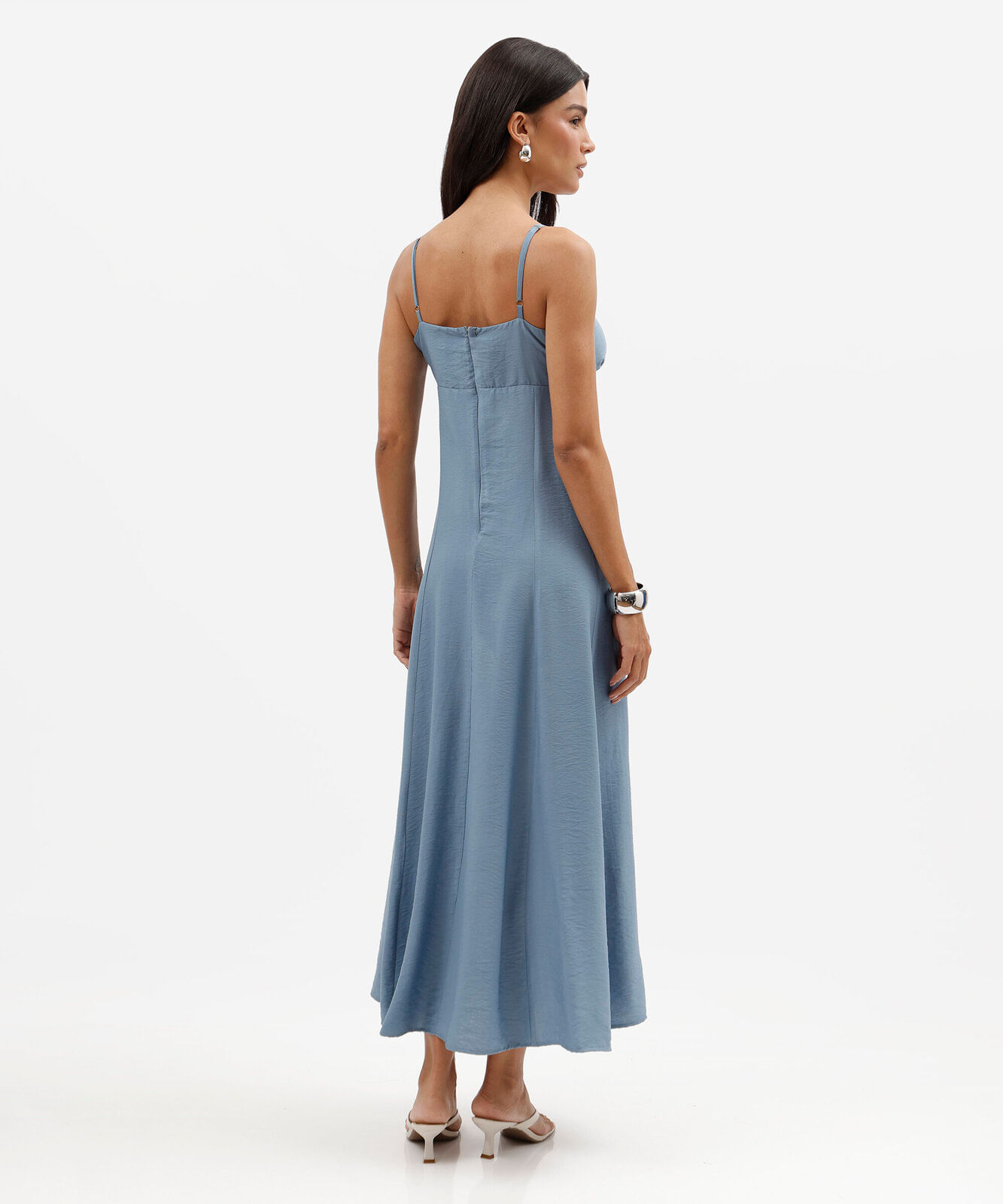 vestido longo feminino com viscose alça fina decote coração azul