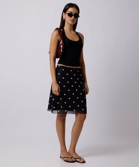 saia midi lápis feminina de tule poá preta