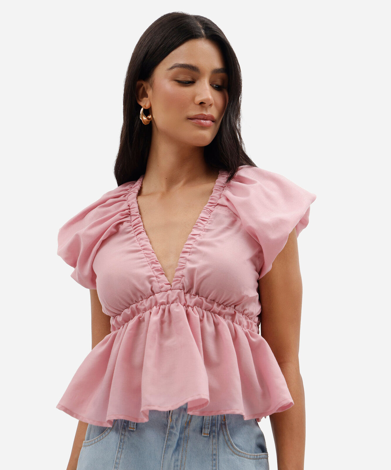 blusa feminina decote v com babado manga bufante rosa