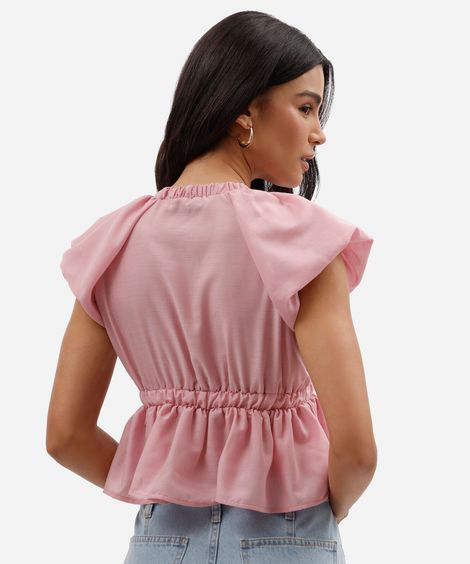 blusa feminina decote v com babado manga bufante rosa