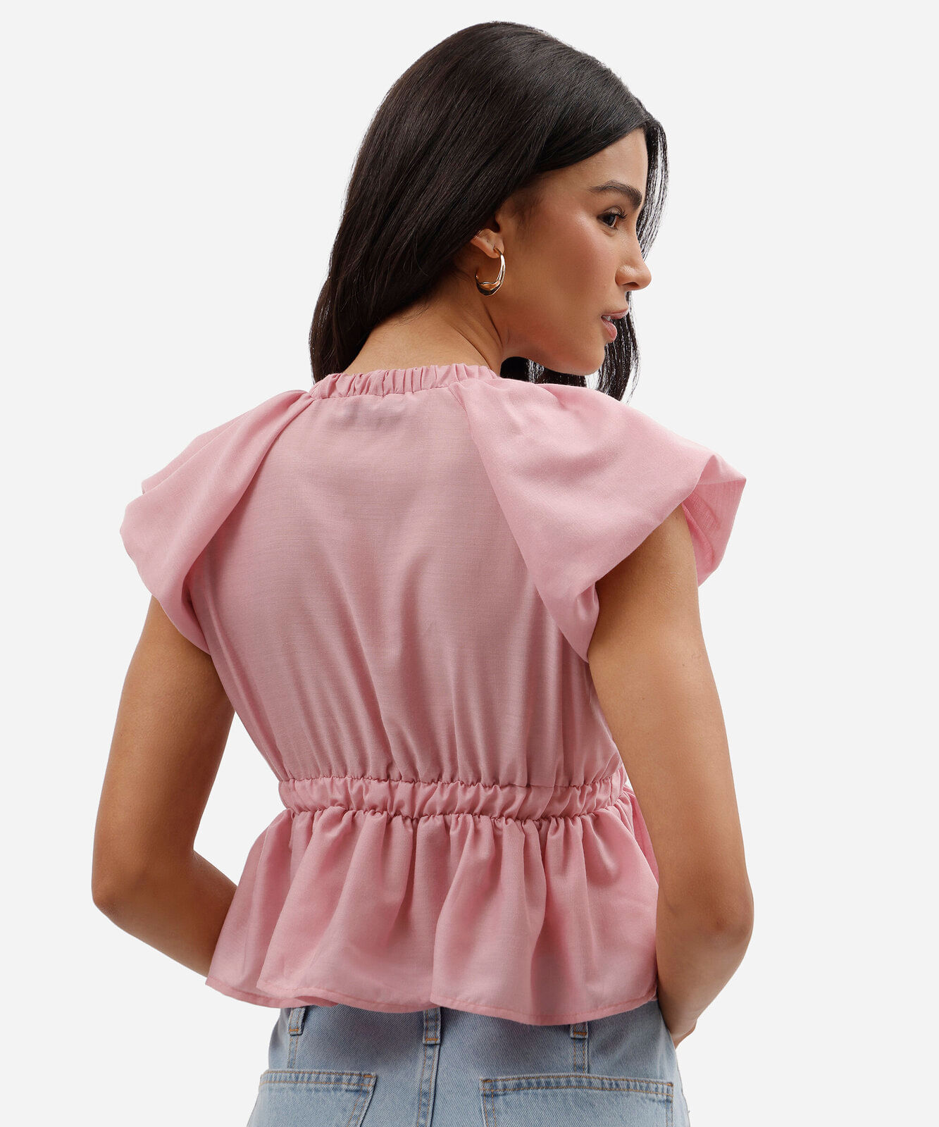 blusa feminina decote v com babado manga bufante rosa