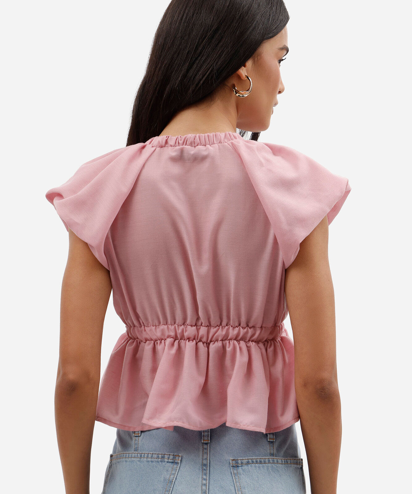 blusa feminina decote v com babado manga bufante rosa