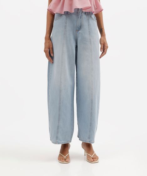 calça balloon feminina jeans com recortes cintura média azul