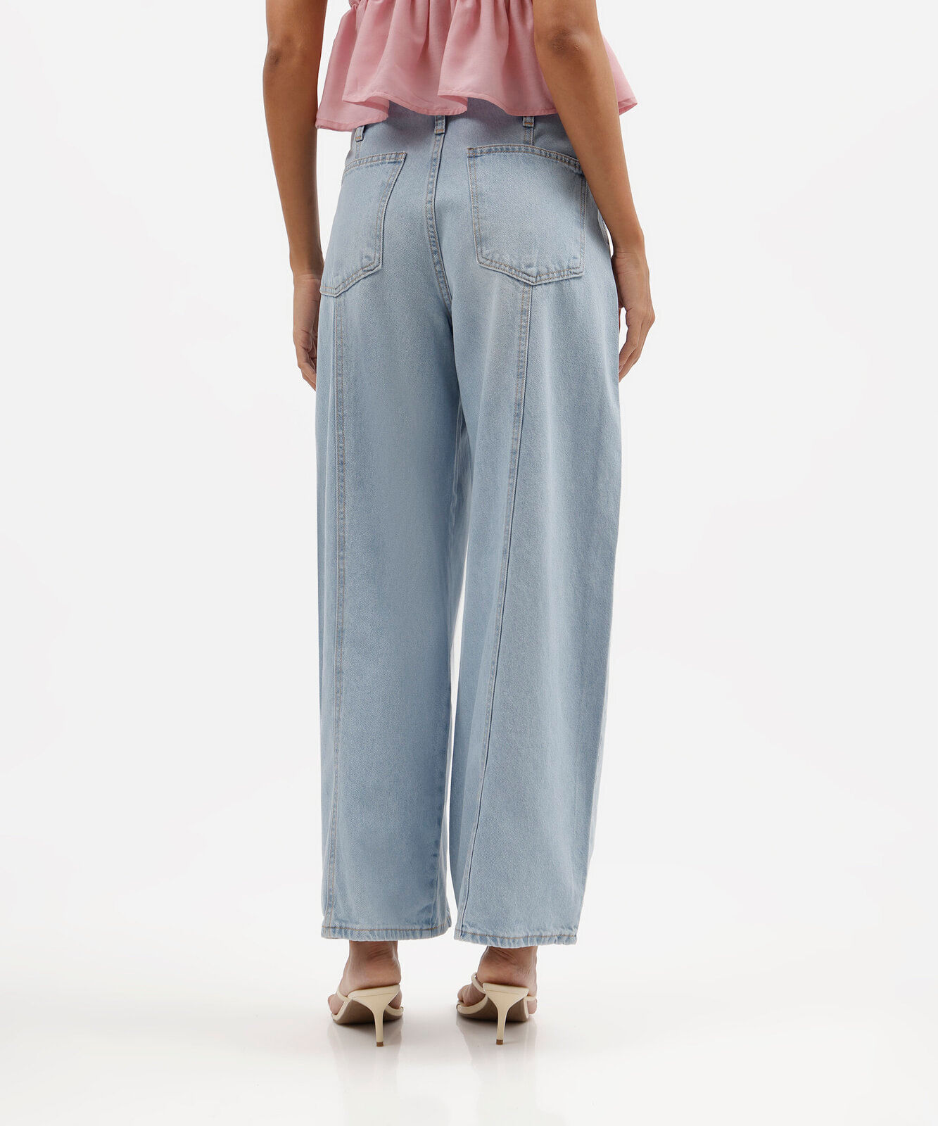 calça balloon feminina jeans com recortes cintura média azul