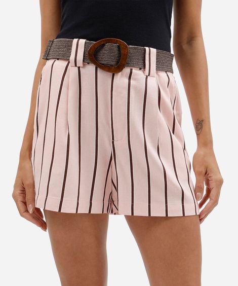 short feminino listrado com linho e cinto rosa