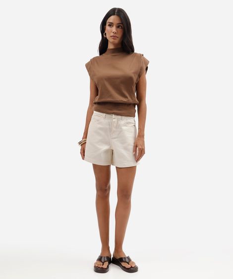 short feminino de sarja cintura alta bege