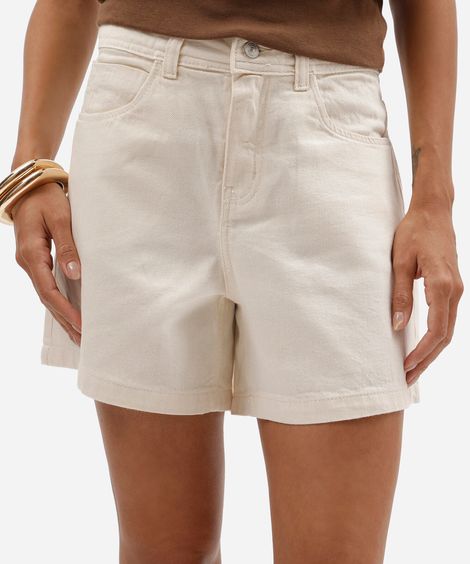 short feminino de sarja cintura alta bege