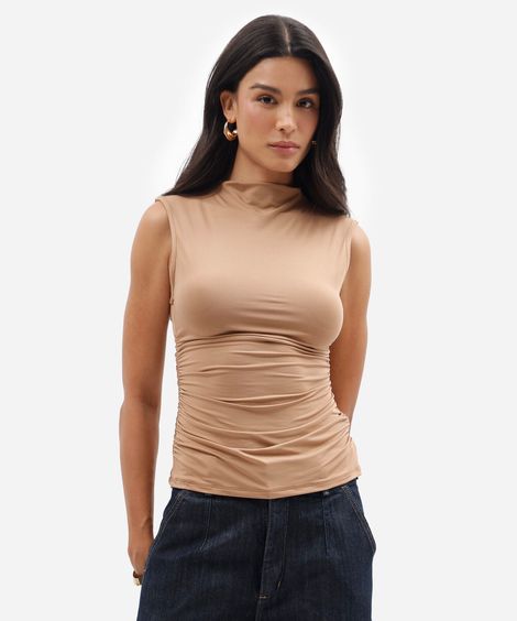 blusa feminina gola alta franzida marrom