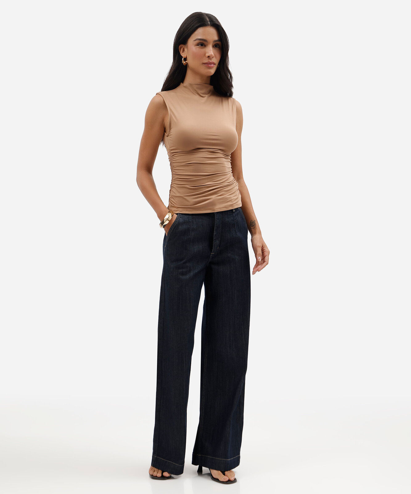 calça wide leg feminina jeans cintura alta azul