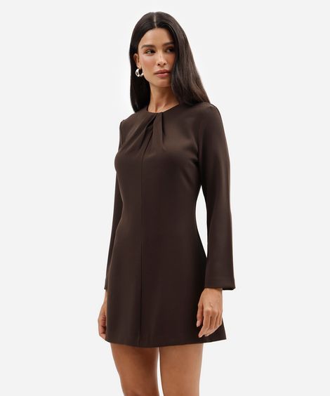 vestido curto feminino com pregas manga longa marrom
