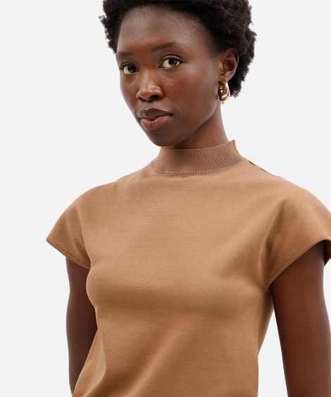 blusa feminina de tricot gola alta manga curta marrom