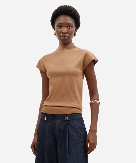 blusa feminina de tricot gola alta manga curta marrom