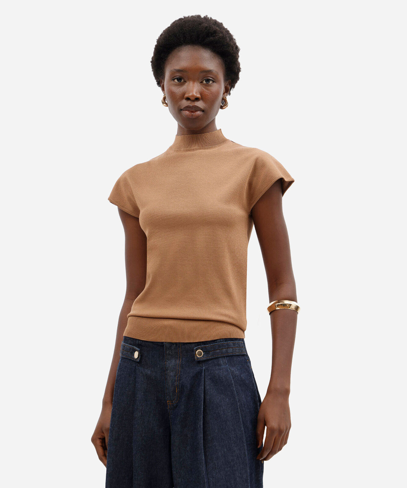 blusa feminina de tricot gola alta manga curta marrom