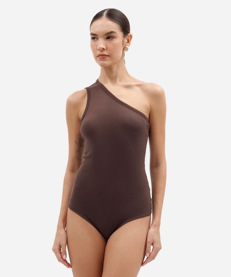 body ombro único feminino de canelada marrom