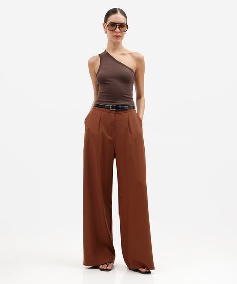calça wide leg feminina com viscose cintura alta marrom