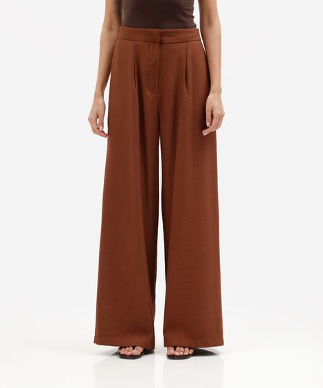 calça wide leg feminina com viscose cintura alta marrom
