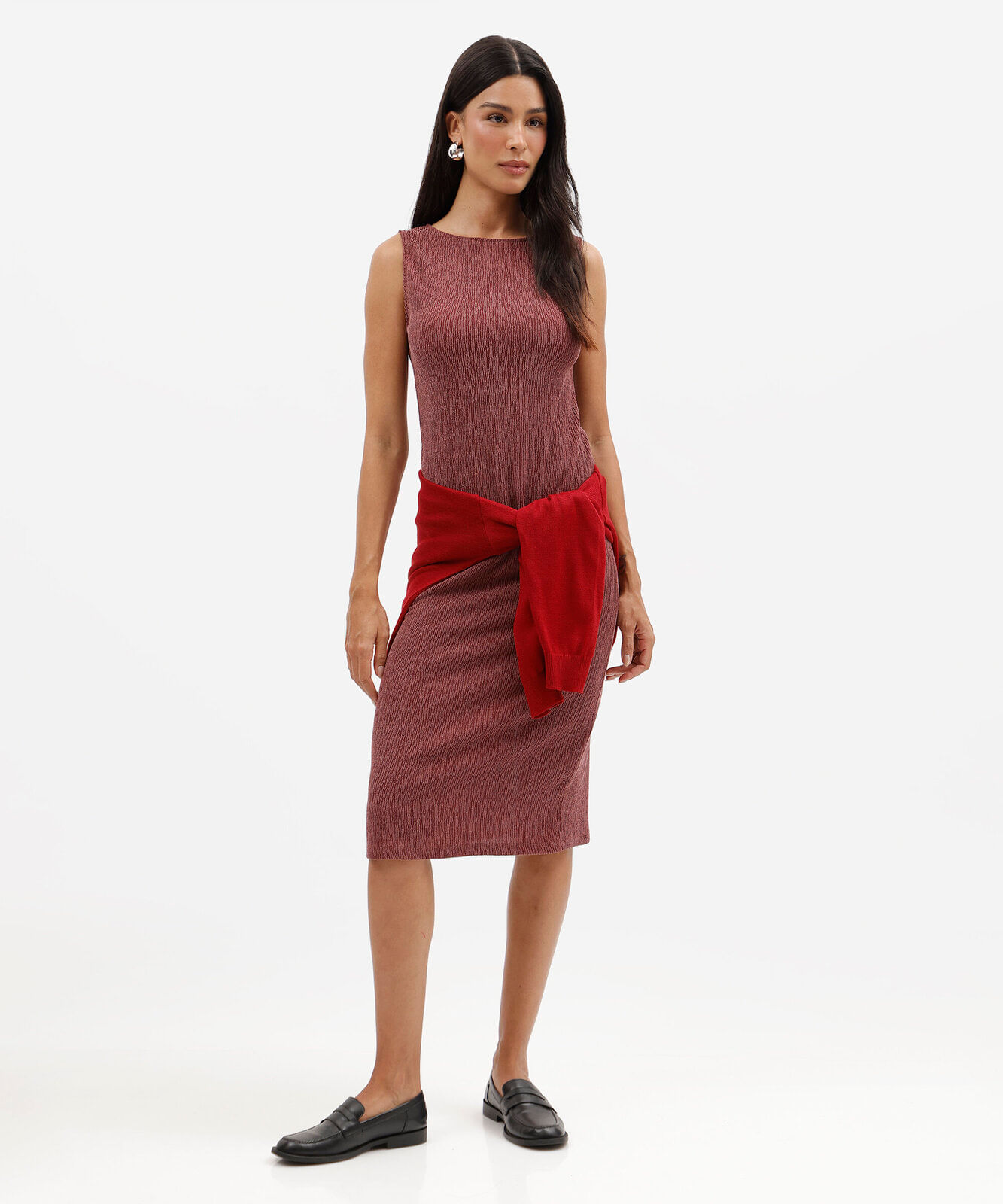 vestido midi feminino texturizado básico vinho