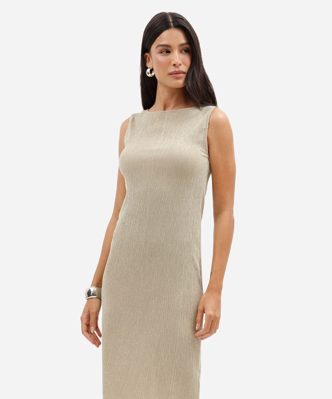 vestido midi feminino texturizado básico verde