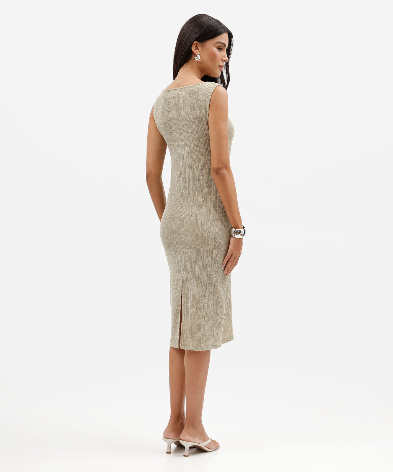 vestido midi feminino texturizado básico verde