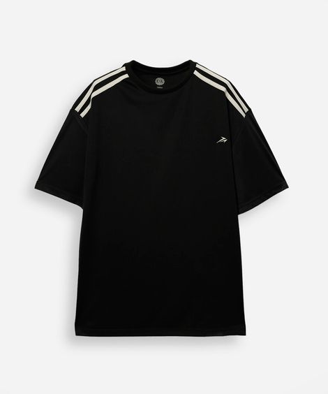 camiseta juvenil esportiva manga curta com listras preta