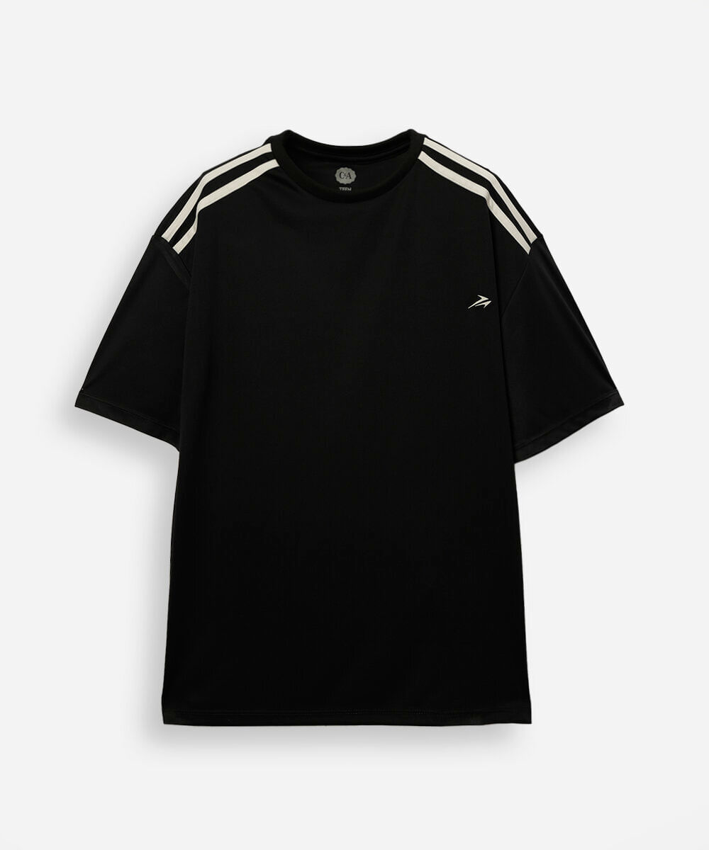 camiseta juvenil esportiva manga curta com listras preta