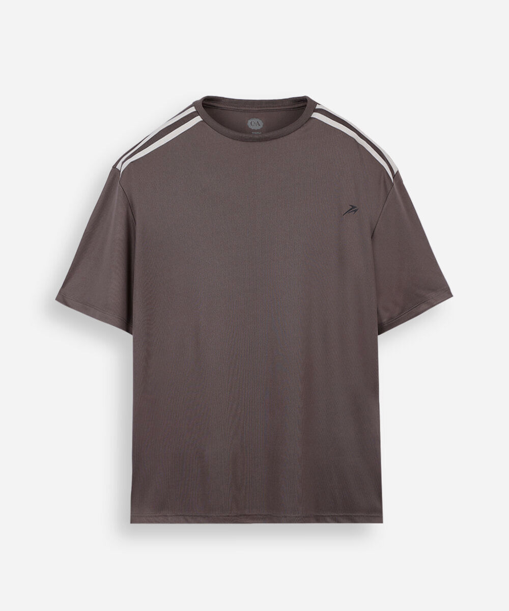 camiseta juvenil esportiva manga curta com listras marrom