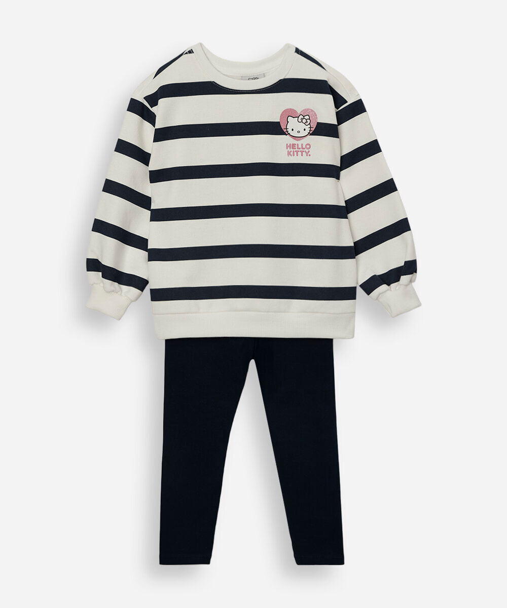 conjunto longo infantil com moletom listrado hello kitty azul