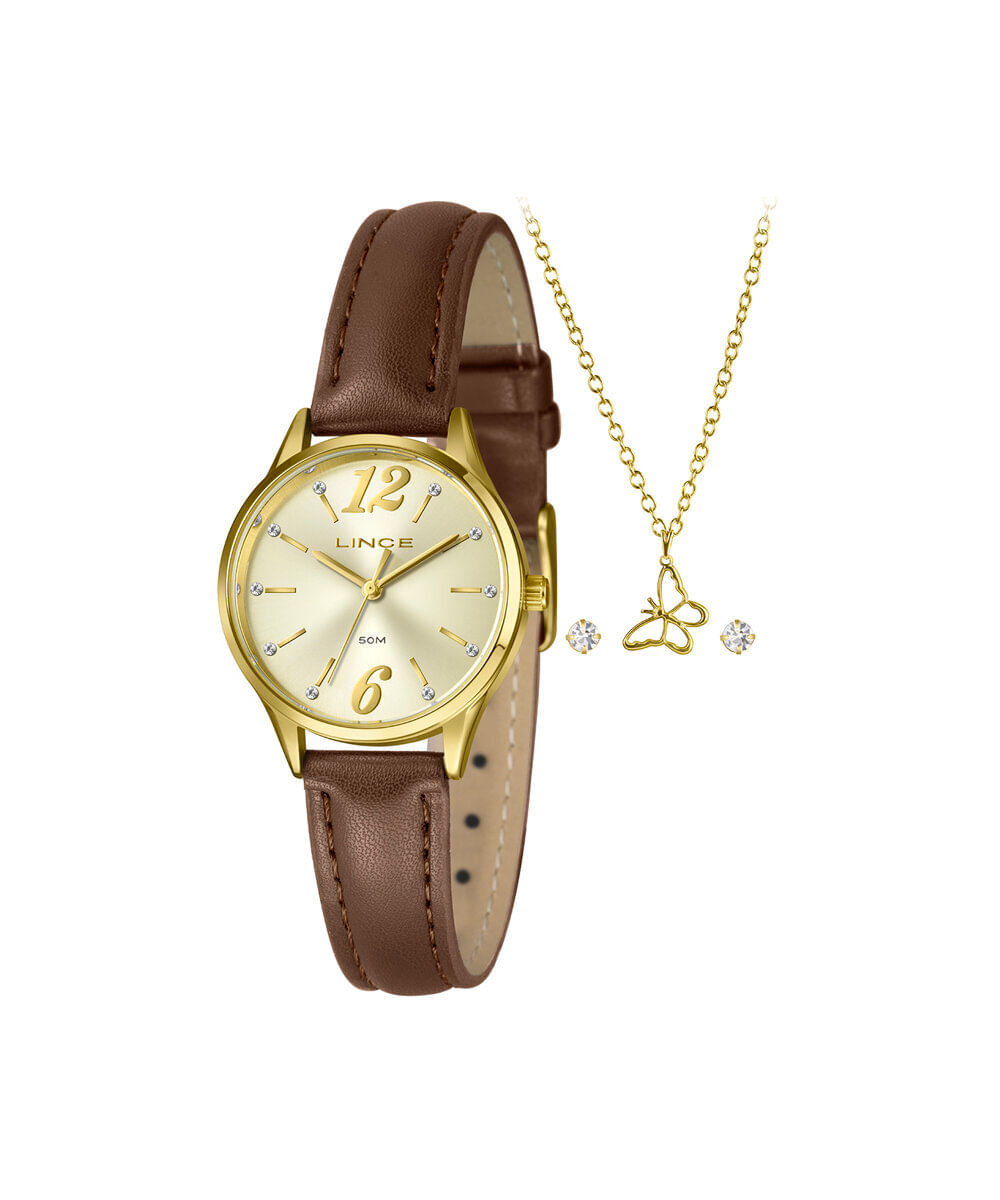 kit relógio feminino lince analógico lrch240l30 k0g3c2nx dourado