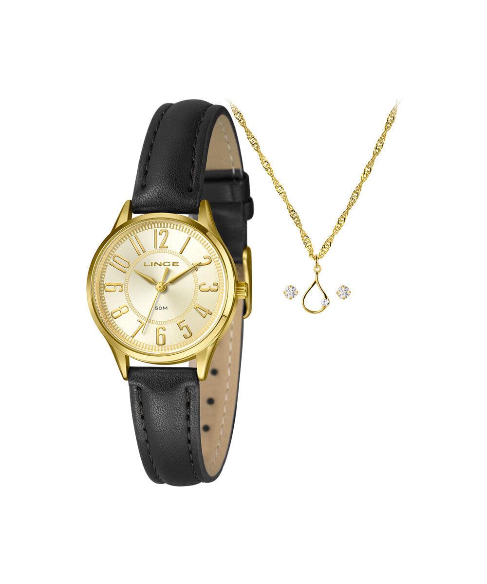 kit relógio feminino lince analógico lrch238l30 k0fyc2px dourado
