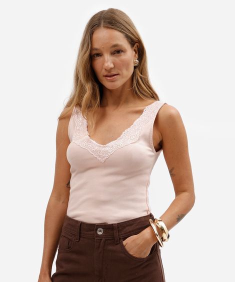 regata feminina de algodão devote v com renda rosa