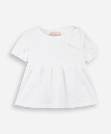 blusa infantil com algodão e laço manga curta texturizada off white