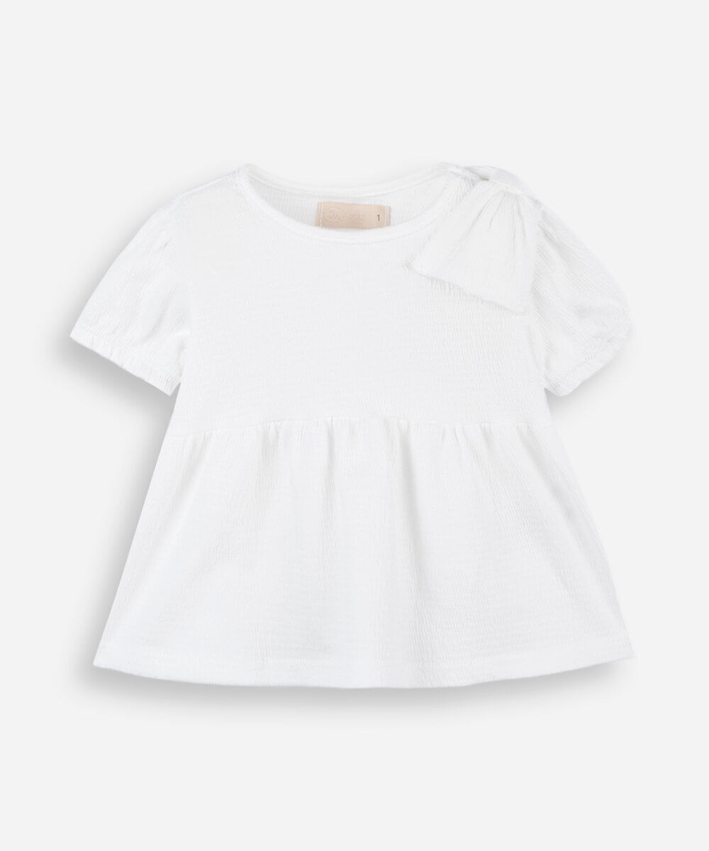 blusa infantil com algodão e laço manga curta texturizada off white