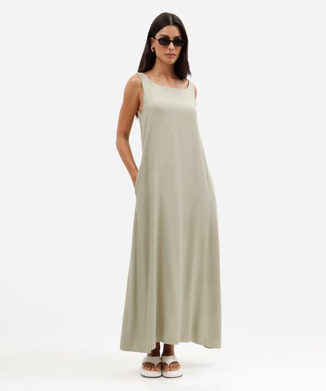 vestido longo feminino de viscose decote canoa com bolsos básico verde